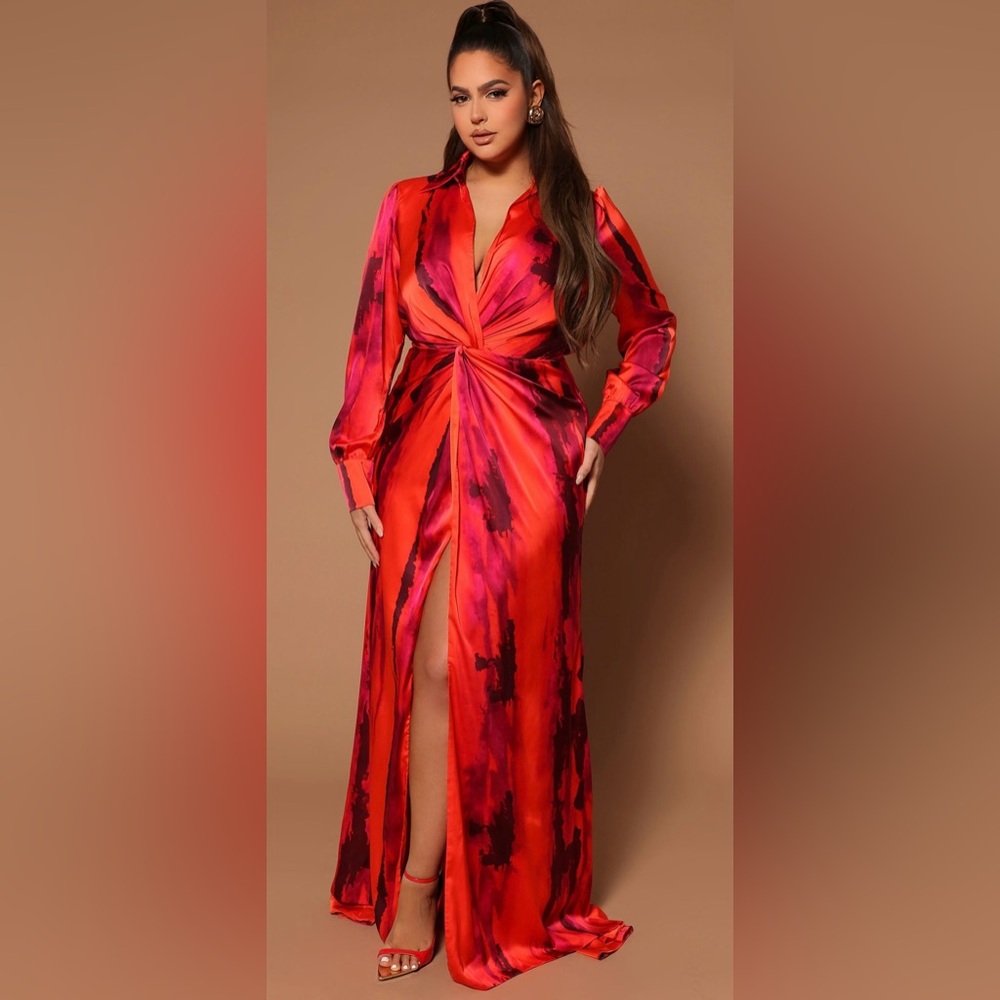 Brand New Fashion Nova “Gabriella” Long Sleeve Maxi Dress Vibrant Orange Combo